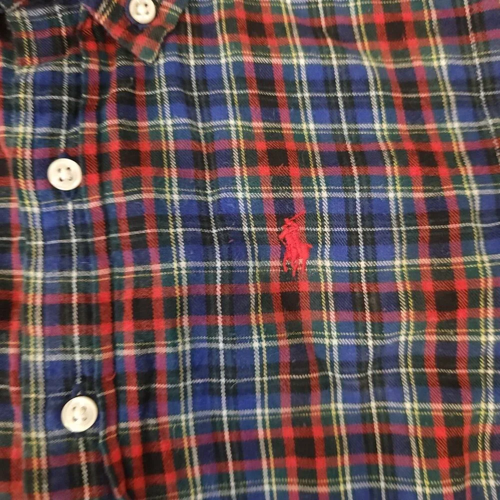 Ralph Lauren Plaid Button Down Shirt Blue Cotton Long‎ Sleeve Boys Size 5 EUC